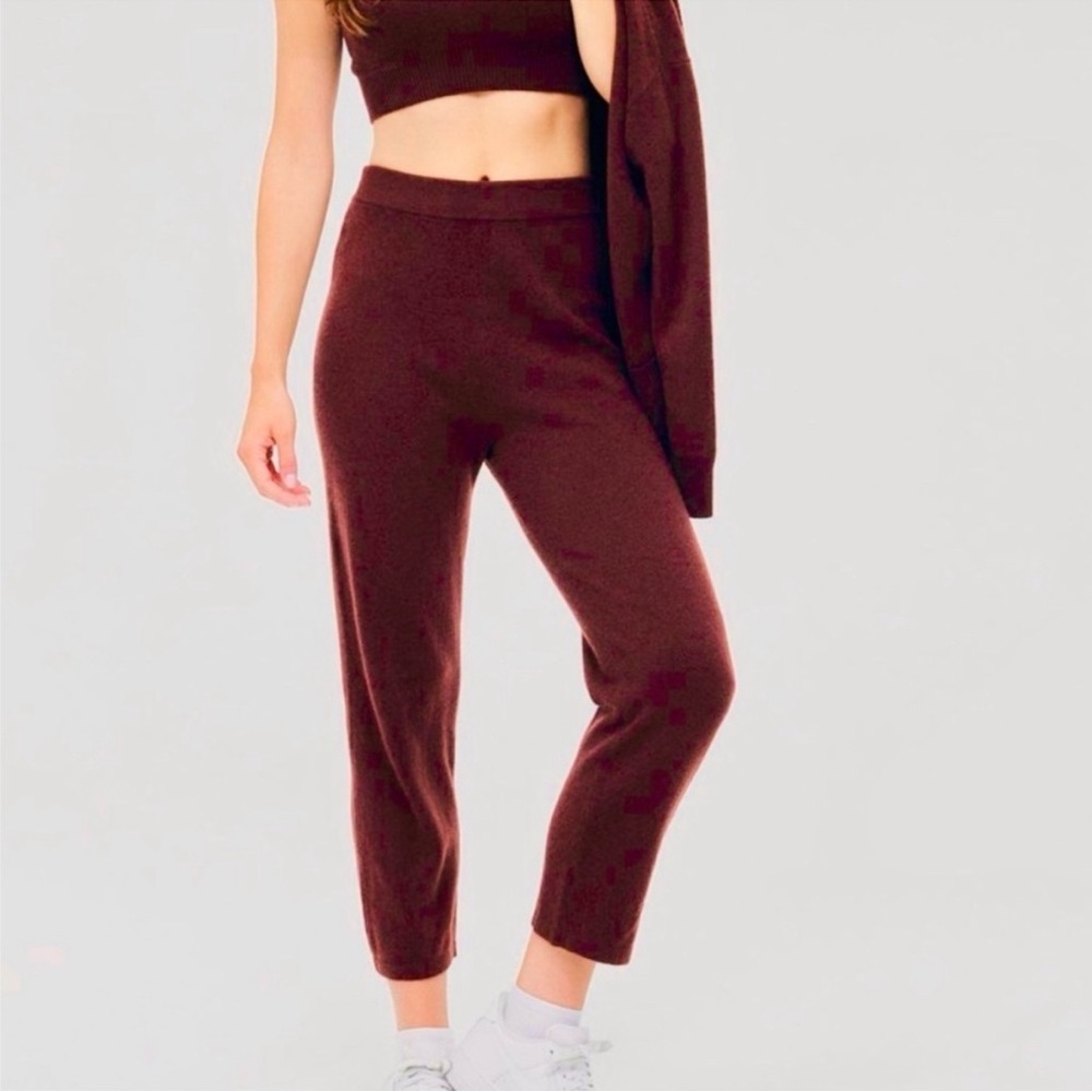 SOLD Naadam Cashmere Cropped Pants High Waisted Straight Leg Maroon Burgundy XXS - Picture 2 of 10